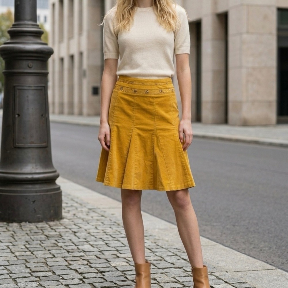 City DKNY Mustard Yellow Corduroy Embellished A-Line Skirt Size 2 KHMU6202 NEW